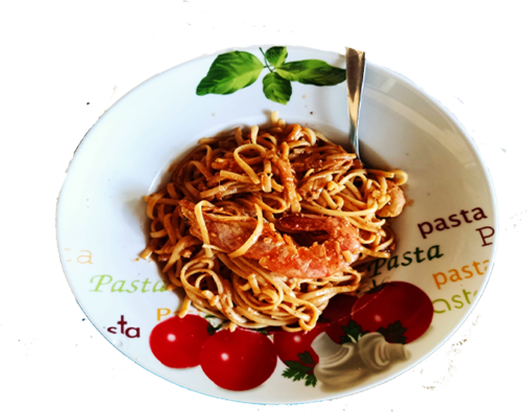 Spaghetti with Shrimps in tomato feta sauce